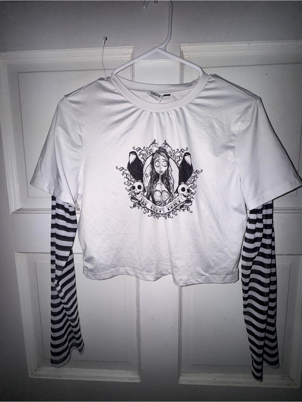 Corpse Bride Graphic White Layered-Look Long Sleeve Crop Top